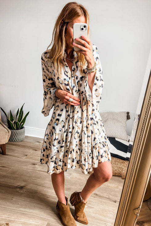 Leopard Print Buttoned Front 3/4 Sleeve Tiered Ruffled Hem Dress